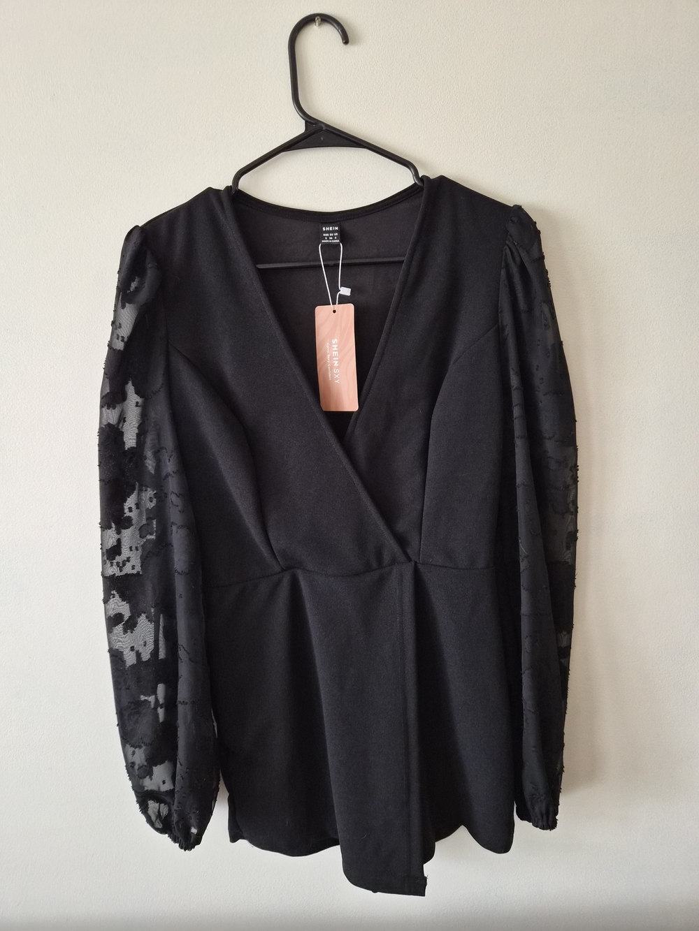 Black V-Neck Romper Peplum Dress with Sheer Patterned Sleeves